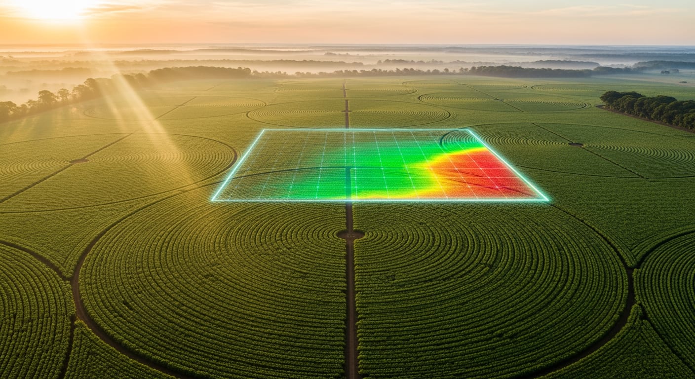 Vista aérea de lavoura brasileira ao amanhecer dourado, em padrão geométrico